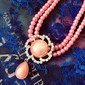 - Crystal beaded necklace adjustable pink faux pearl no flaws